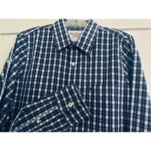 Abercrombie Fitch Mens Navy Plaid Long Sleeve Button Up Shirt Muscle Fit Sz Lg